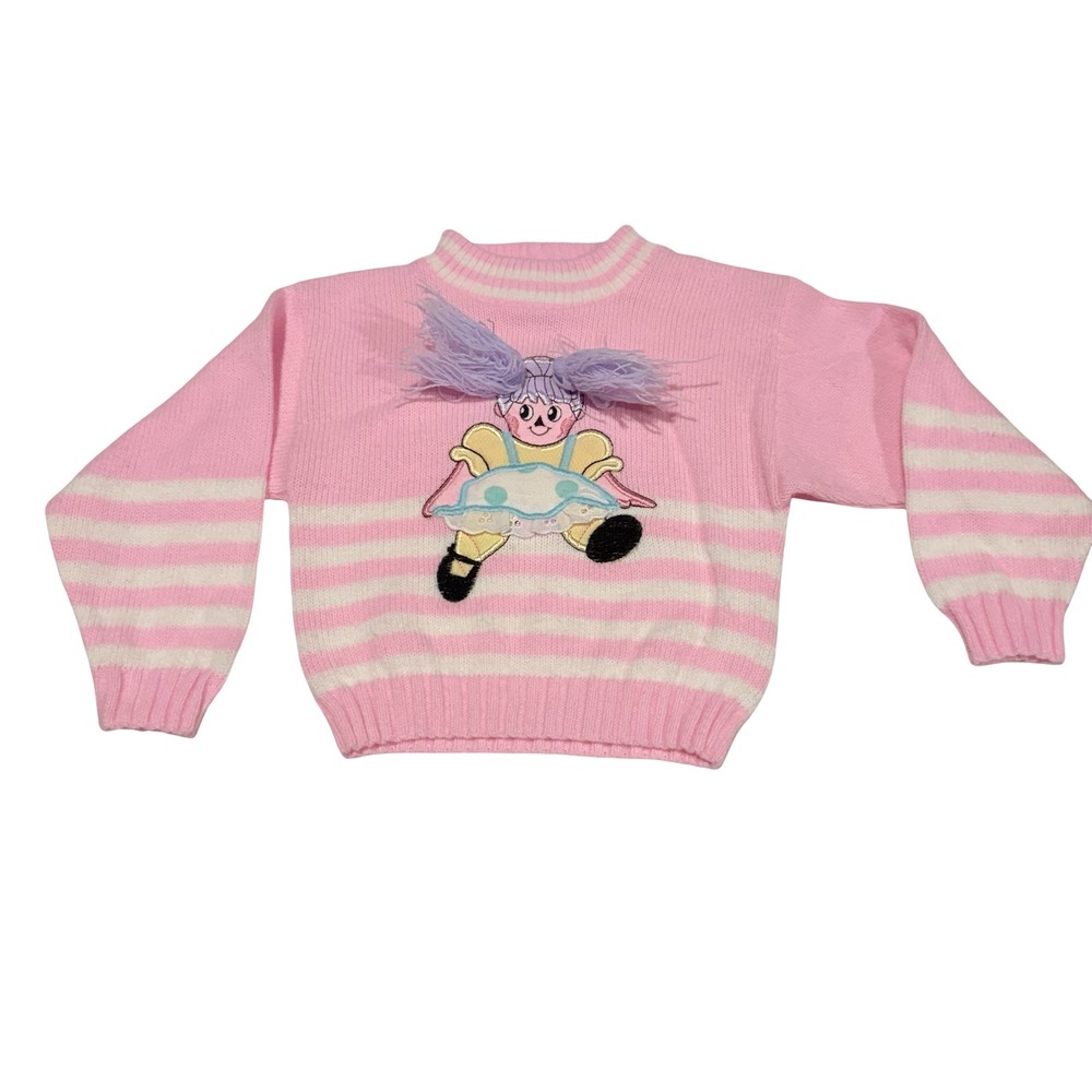 Y2K Vintage Miniwaves Knitwaves Pink Striped Doll 3D Hair Sweater Kids USA Made